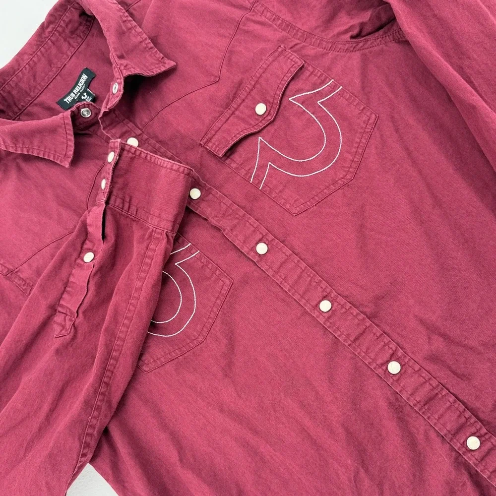 True Religion Western Shirt Mens Small Burgundy Pearl Snap Excellent